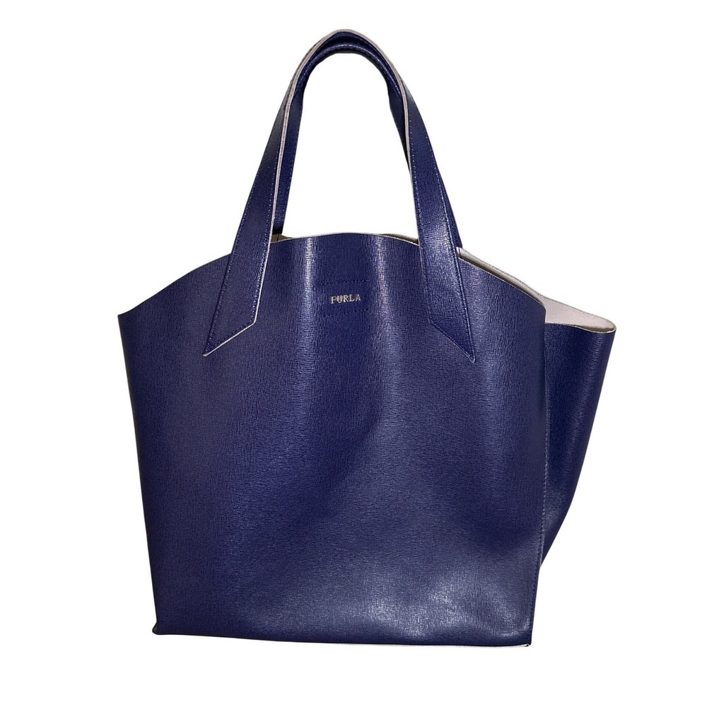 Furla Jucca Indigo Saffiano Leather Tote Bag Structured Top Handle Satchel Italy - Picture 5 of 16